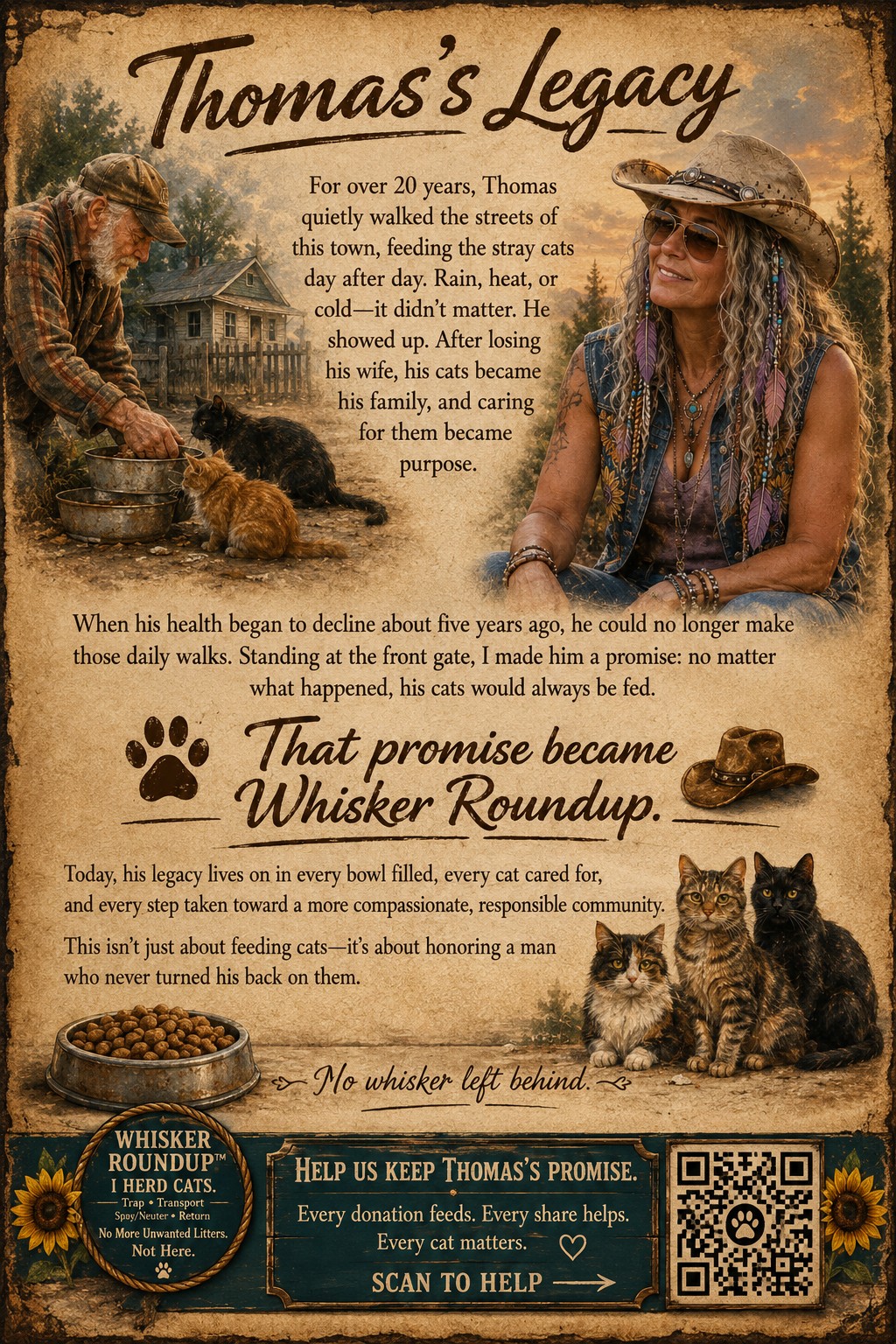 Thomas’s Legacy: the promise that became Whisker Roundup™, with community cats and a donation QR code